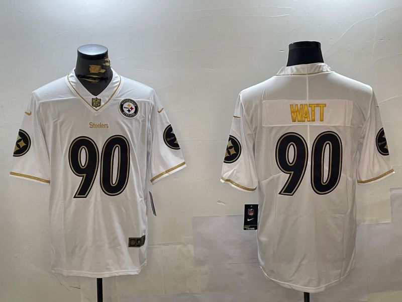 Men Pittsburgh Steelers #90 Watt White Gold 2024 Nike Limited NFL Jersey style 12302